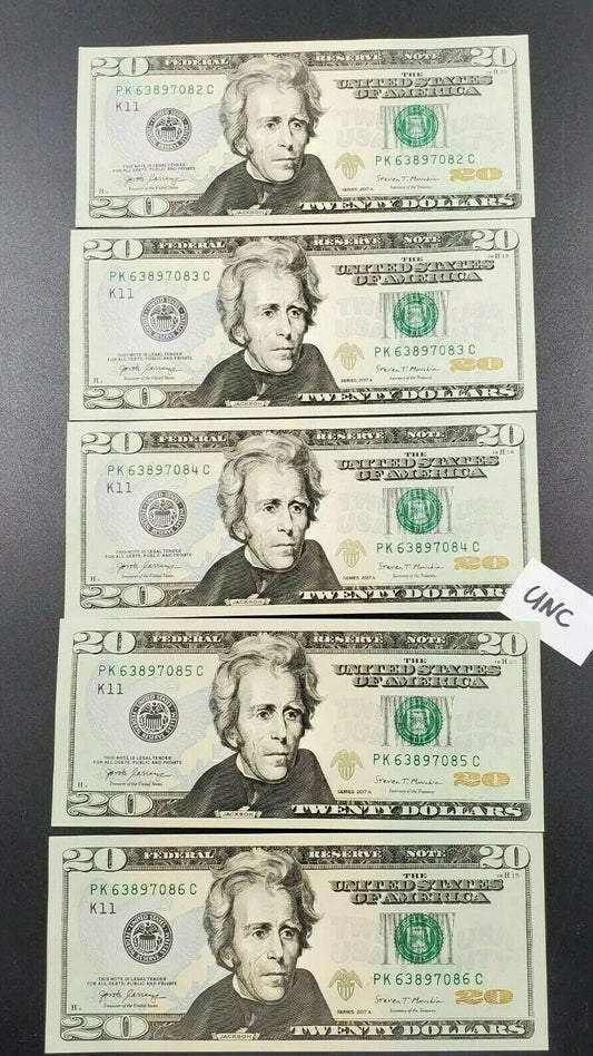 Lot of FIVE CONSECUTIVE SERIAL # 2017 A $20 FRN Federal Reserve Notes CHOICE UNC