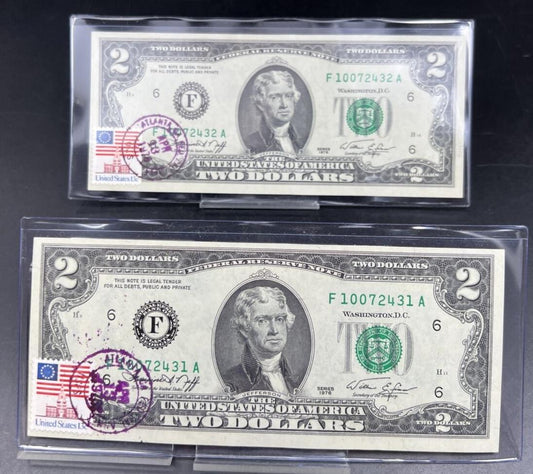Two Consecutive 1976 $2 Atlanta District FRN Bicentennial Postal Notes #431