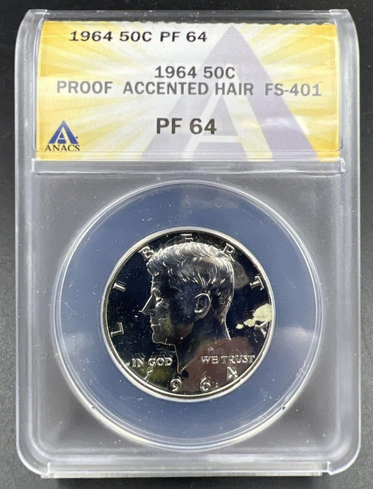 1964 P Kennedy Proof Half Silver Dollar Coin PF64 Accented Hair FS-401 ANACS #A