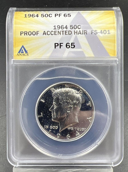 1964 P Kennedy Proof Half Silver Dollar Coin PF65 Accented Hair FS-401 ANACS #A