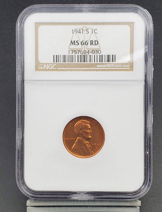 1941 S Lincoln Wheat Cent Penny Coin NGC MS66 RD RED #030 Gem BU Certified