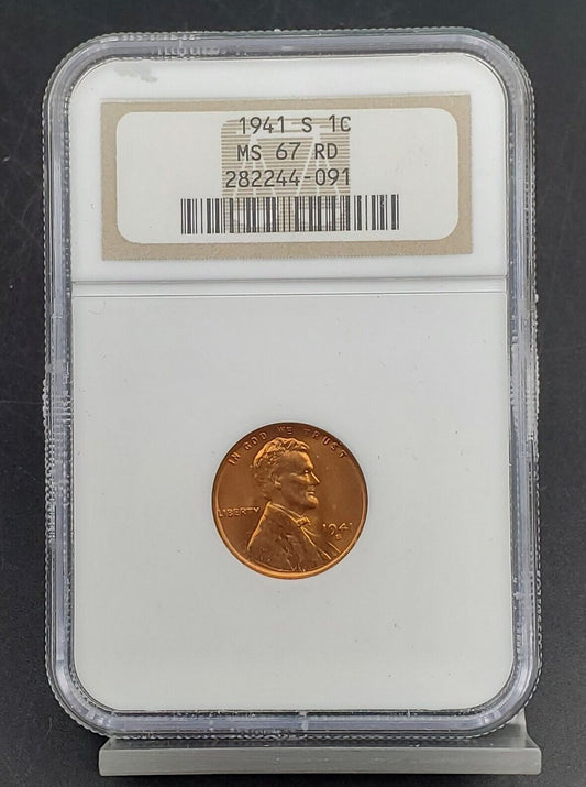 1941 S 1c NGC MS67 RD RED Lincoln Wheat Cent Penny Gem BU Certified