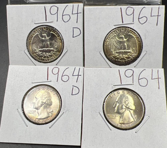Lot of 4 1964 25c Washington Silver Quarter Coins CH BU Nice Toning
