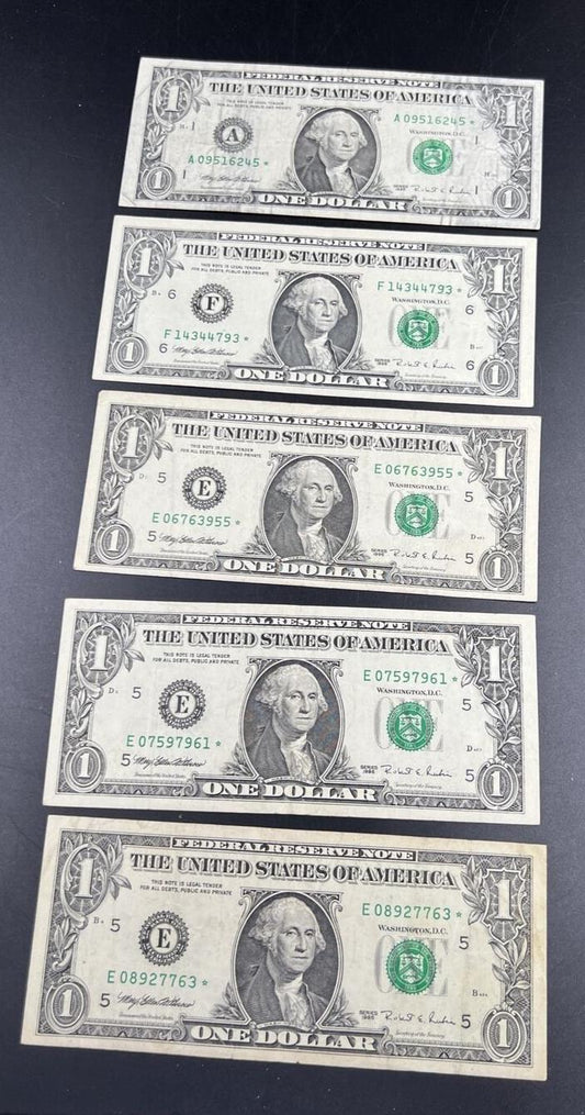 Lot of 5 1995 * Star $1 FRN Federal Reserve Notes Choice Circ Conditions #763