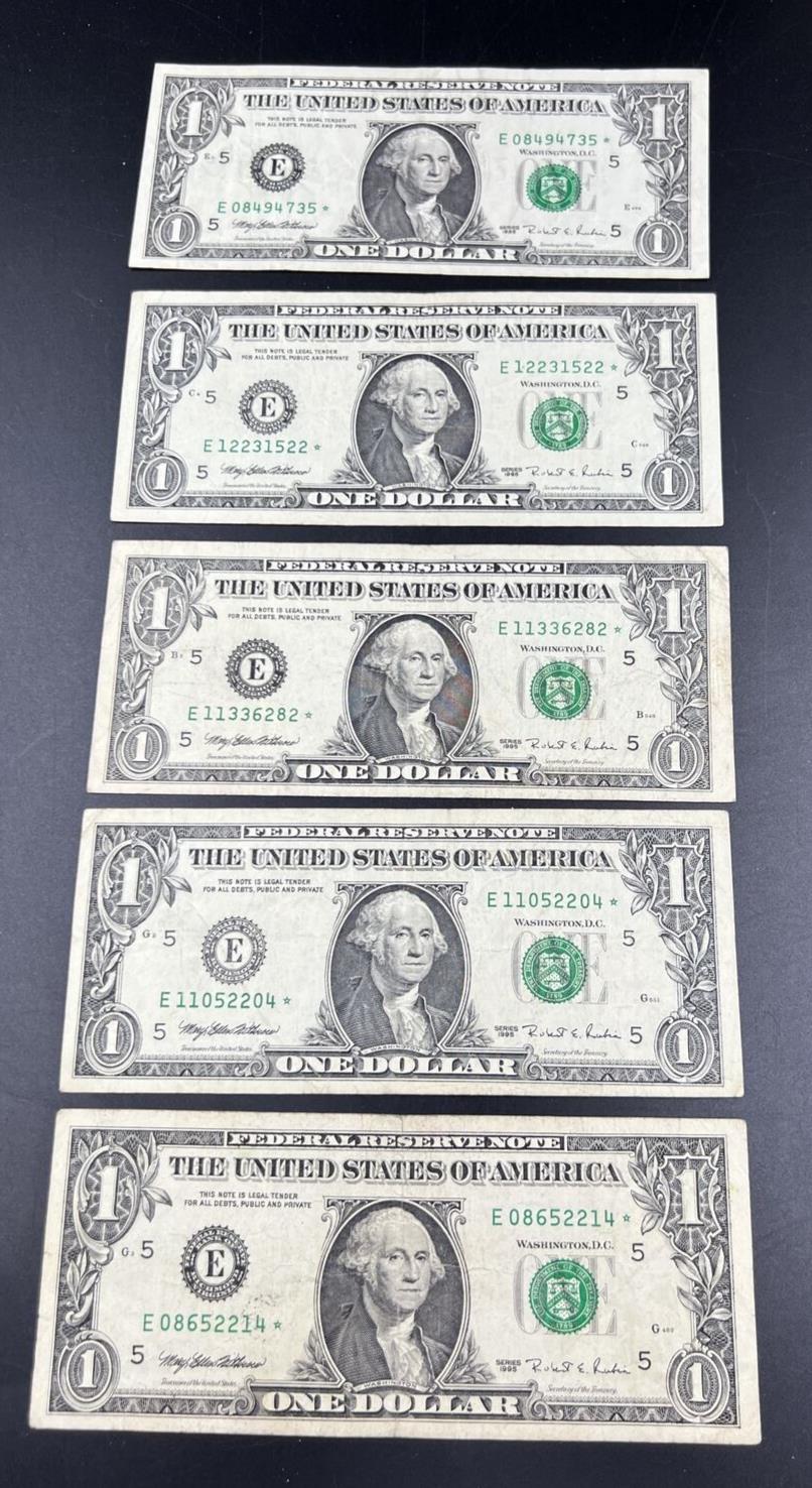 Lot of 5 1995 * Star $1 FRN Federal Reserve Notes Choice Circ Conditions #214
