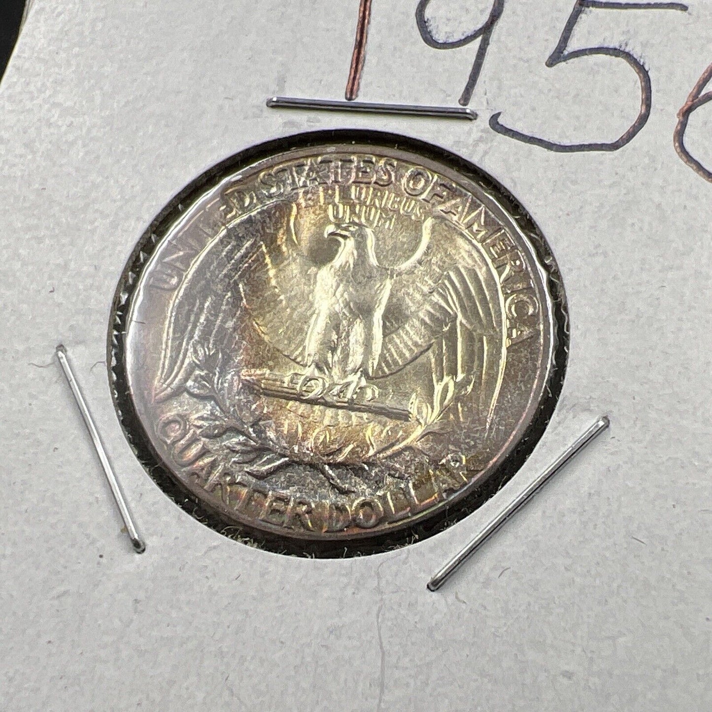1956 P Washington 25c Silver Quarter Coin Gem BU UNC PQ Rainbow Toning Reverse
