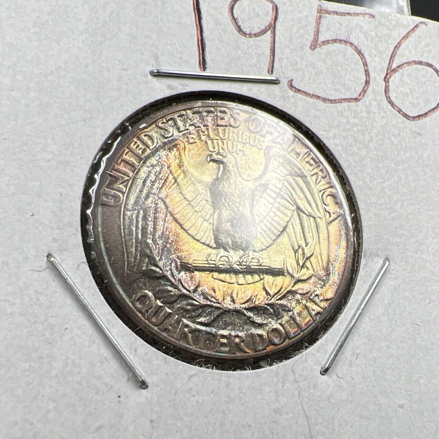 1956 P Washington 25c Silver Quarter Coin Gem BU UNC PQ Rainbow Toning Reverse