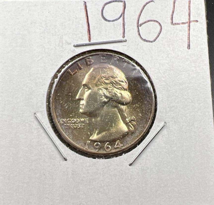 1964 P Washington Quarter Coin Original Purple Toning UNC Details Wheelmark