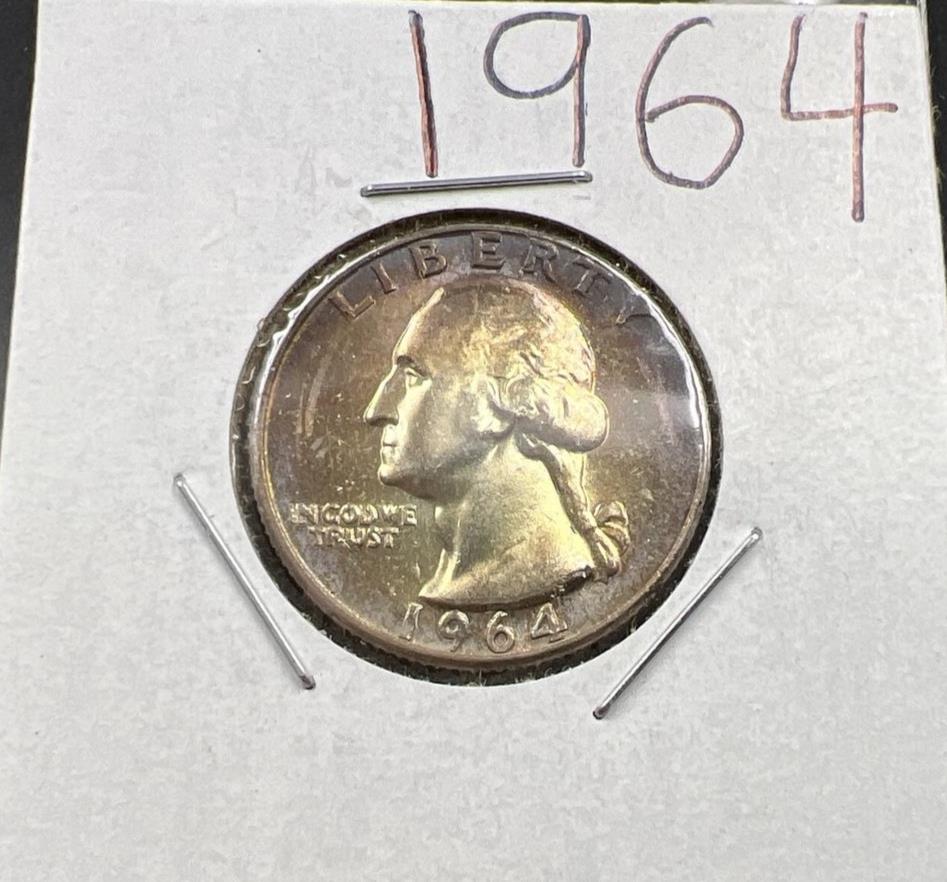 1964 P Washington Quarter Coin Original Purple Toning UNC Details Wheelmark