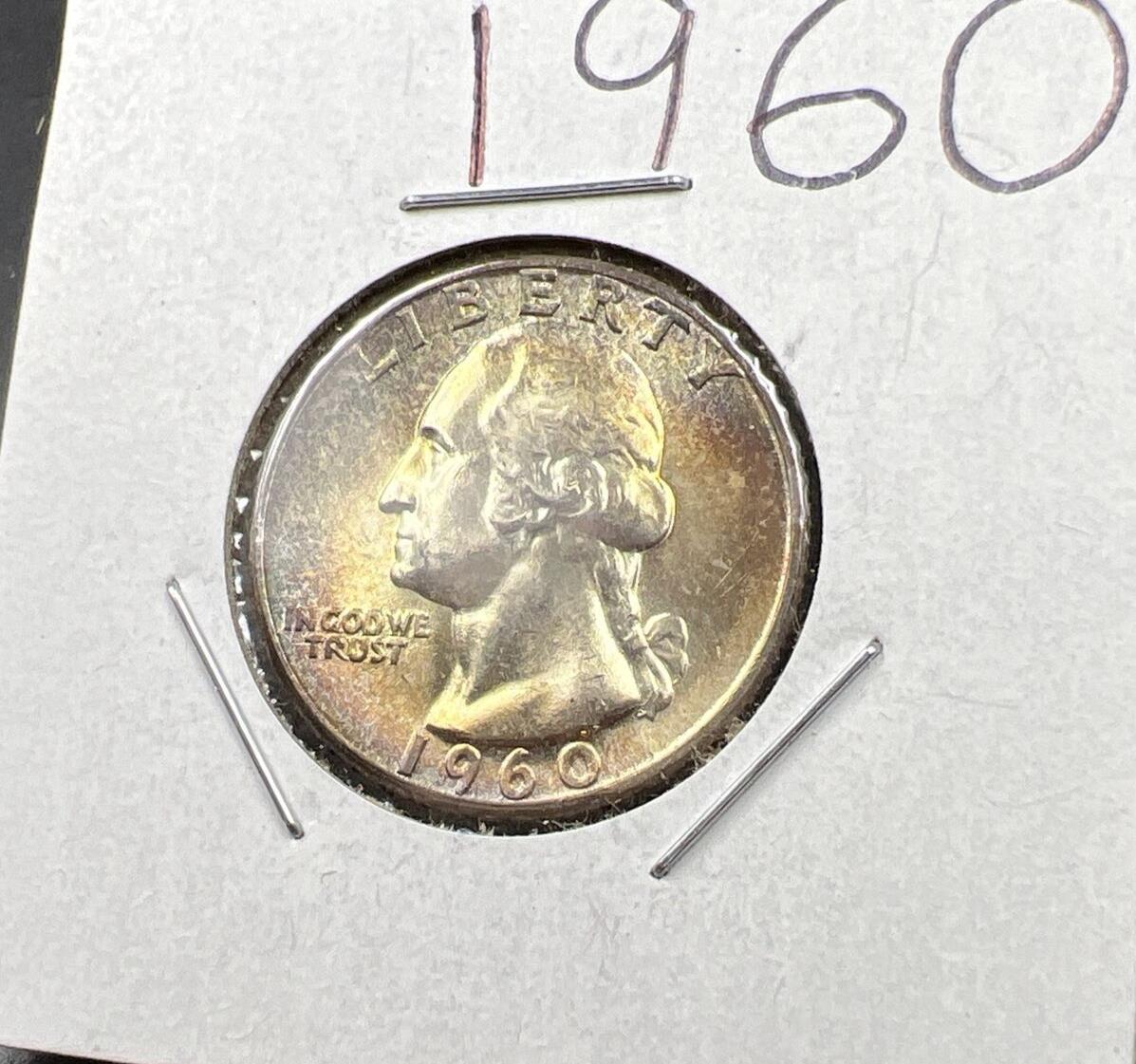 1960 P Washington 25c Silver Quarter Coin PQ Rainbow Toning Obverse