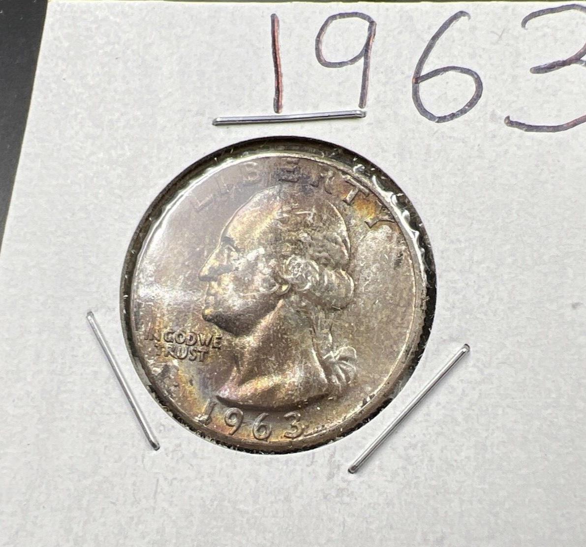 1963 P Washington 25c Silver Quarter Coin CH BU UNC Rainbow Toning #A