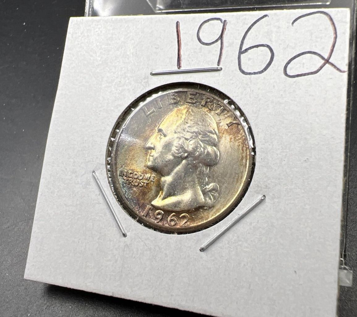1962 P Washington 25c Silver Quarter Coin Gem BU UNC PQ Toning Obverse