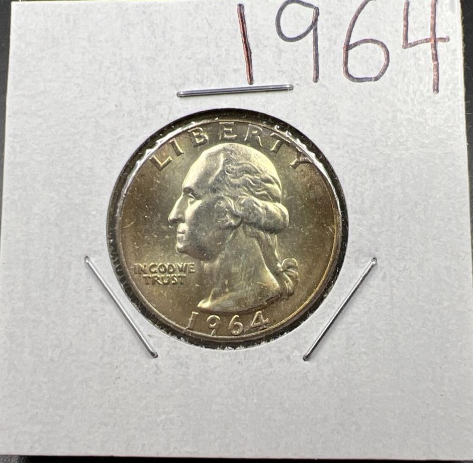 1964 P Washington 25c Silver Quarter Coin Neat Toning CH BU UNC SKU#CB