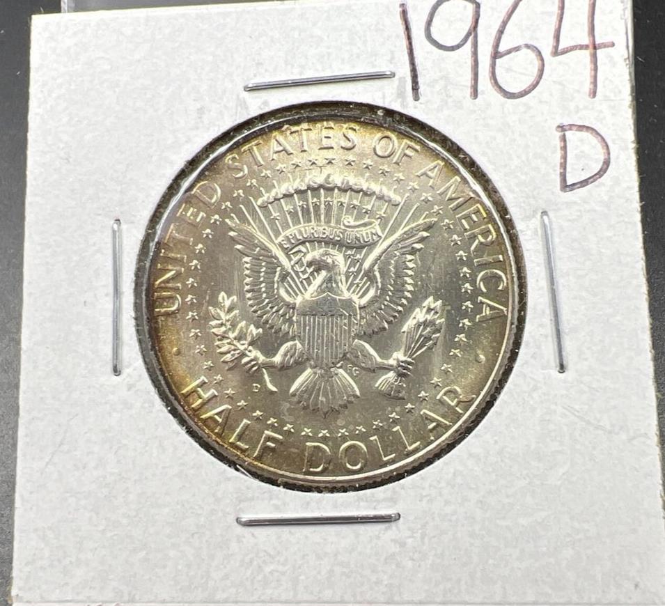 1964 D 50c Kennedy Half Dollar CH BU UNC PQ Nice Rainbow Toning SKU#ORNG
