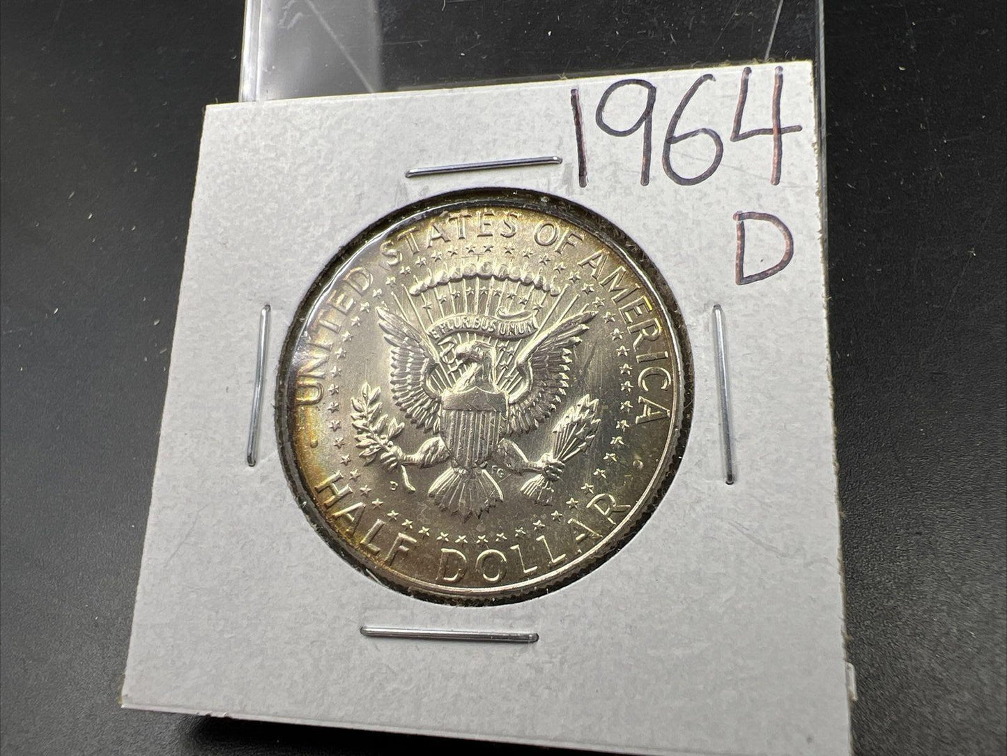 1964 D 50c Kennedy Half Dollar CH BU UNC PQ Nice Rainbow Toning SKU#ORNG