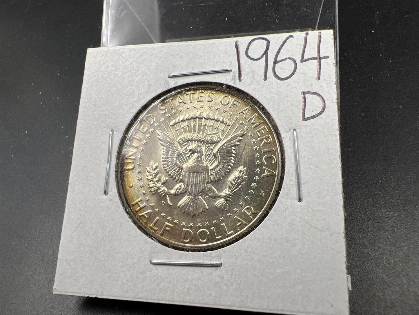 1964 D 50c Kennedy Half Dollar CH BU UNC PQ Nice Rainbow Toning SKU#ORNG