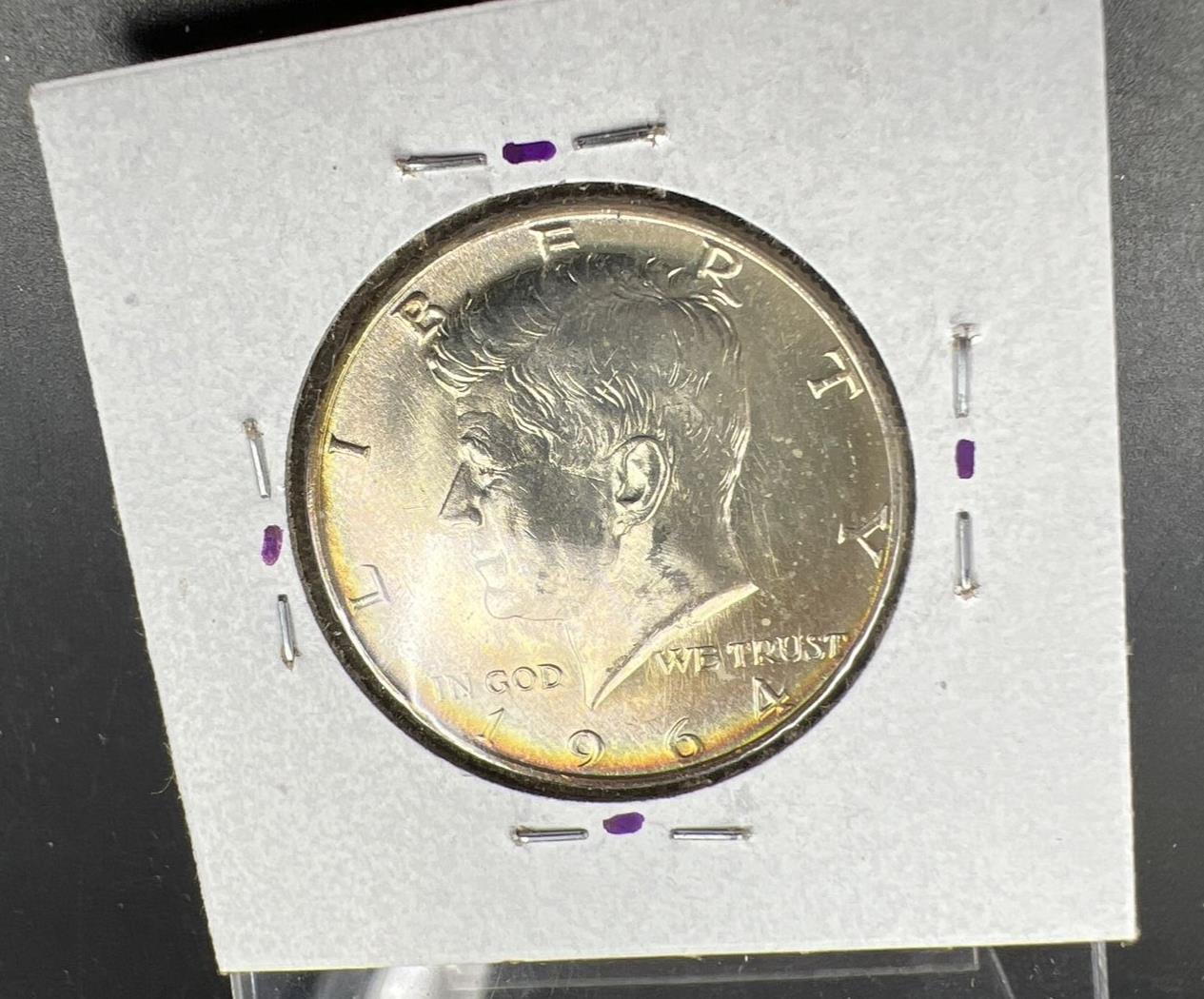1964 D 50c Kennedy Half Dollar CH BU UNC PQ Nice Rainbow Toning SKU#ORNG