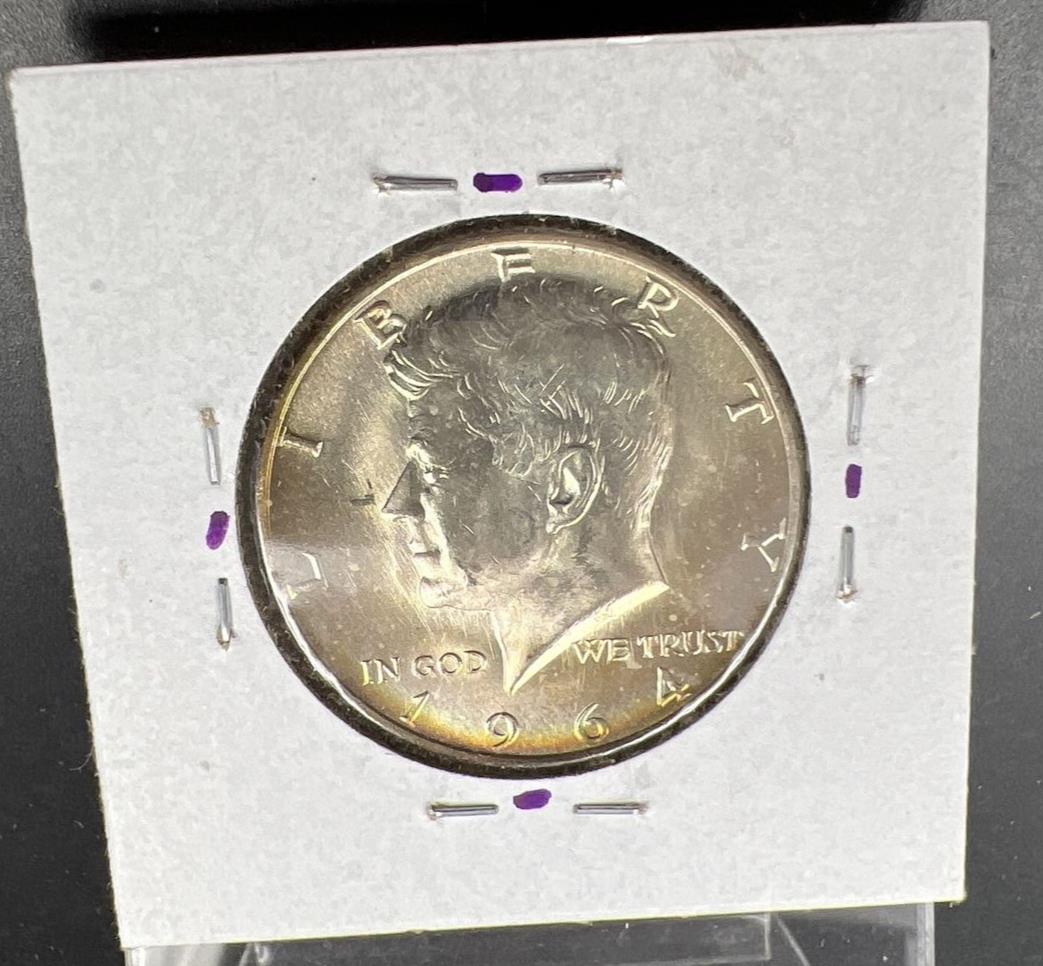 1964 D 50c Kennedy Half Dollar CH BU UNC PQ Nice Rainbow Toning SKU#ORNG