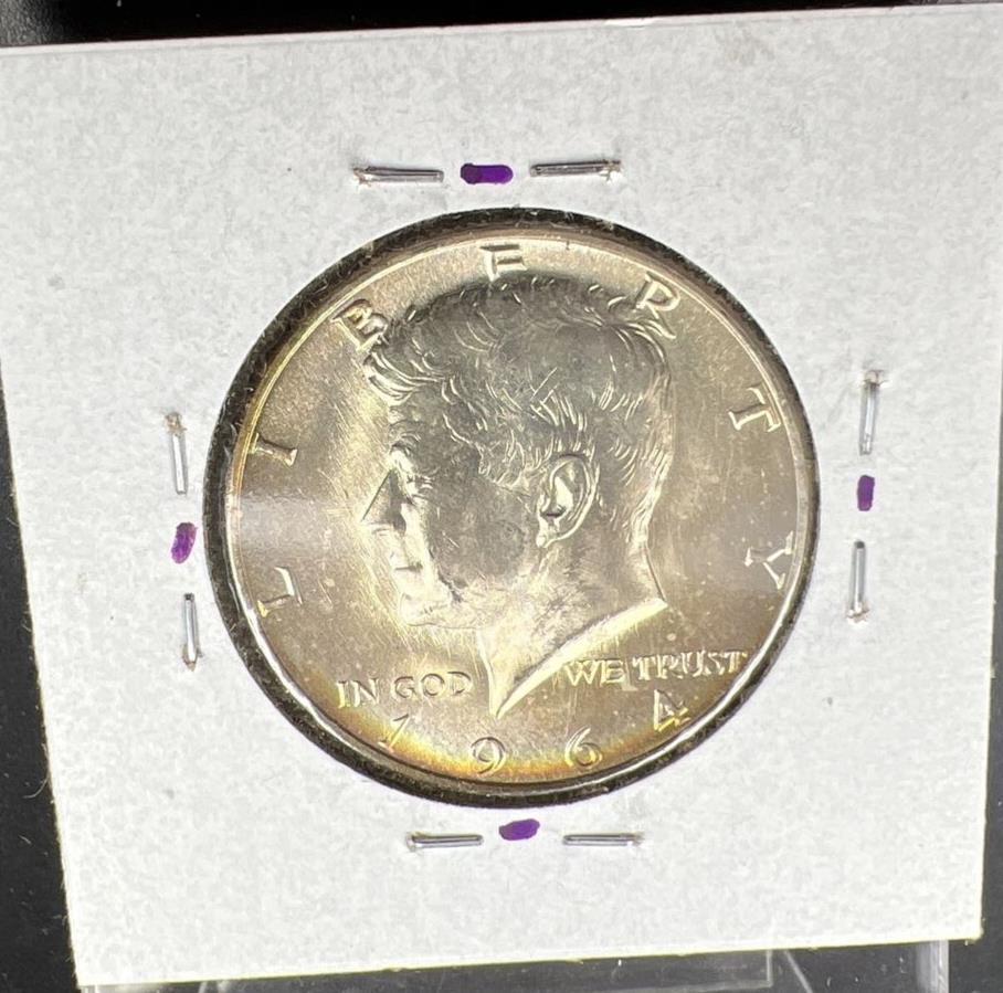 1964 D 50c Kennedy Half Dollar CH BU UNC PQ Nice Rainbow Toning SKU#ORNG