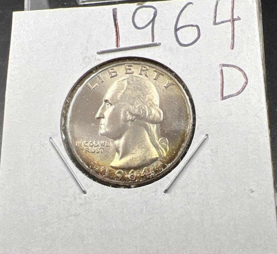 1964 D Washington 25c Silver Quarter Coin Neat Toning Gem BU UNC