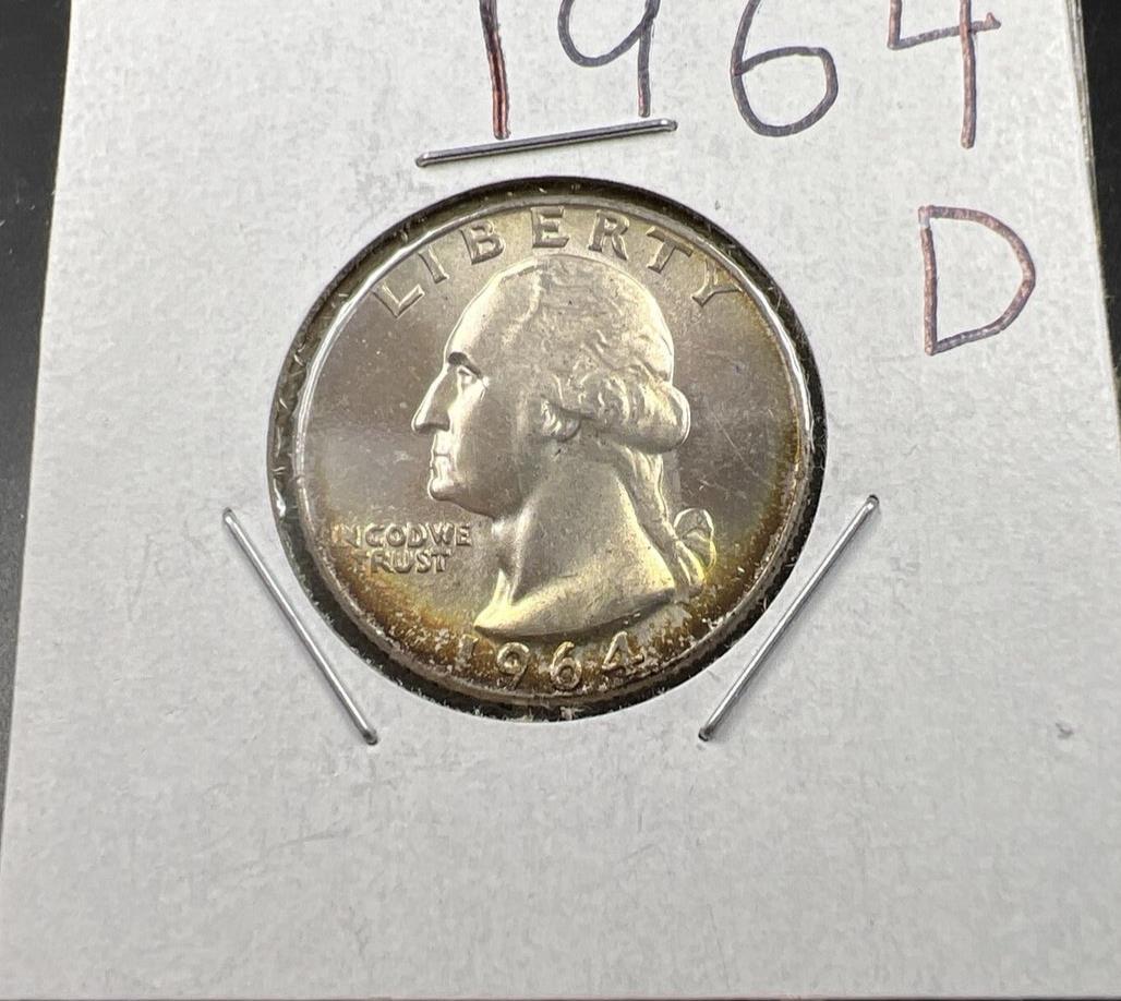 1964 D Washington 25c Silver Quarter Coin Neat Toning Gem BU UNC