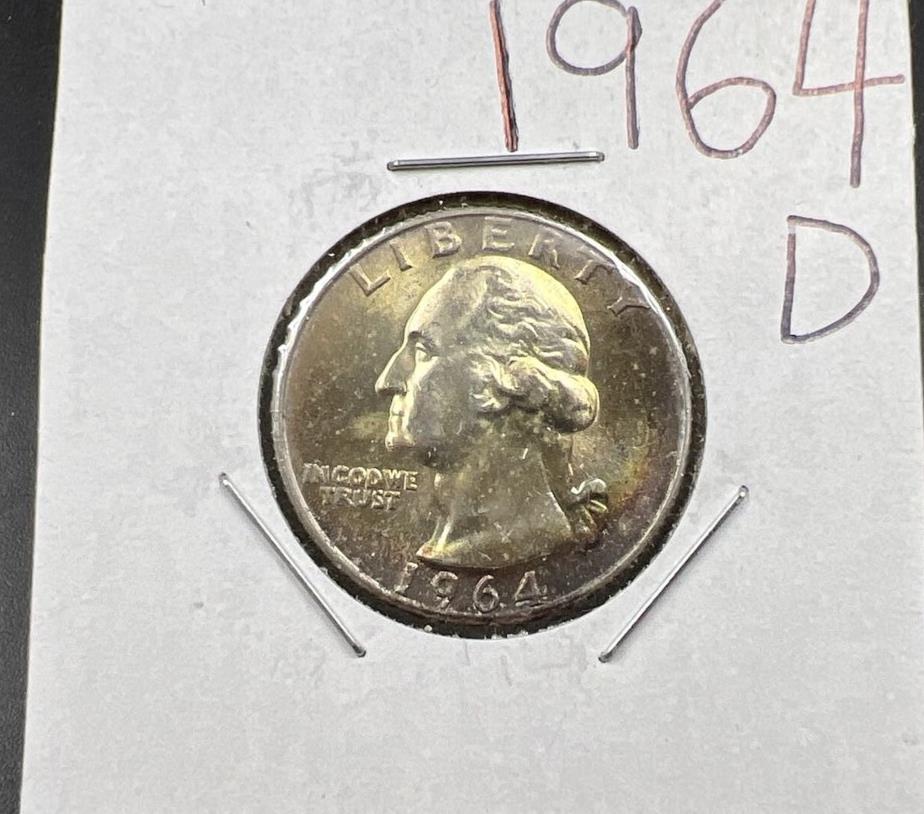1964 D Washington 25c Silver Quarter Coin Very Nice Toning Gem BU #E