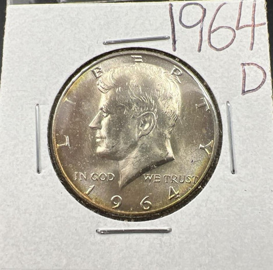 1964 D 50c Kennedy Silver Half Dollar CH BU UNC Nice Toning Denver Mint SKU#PKGN