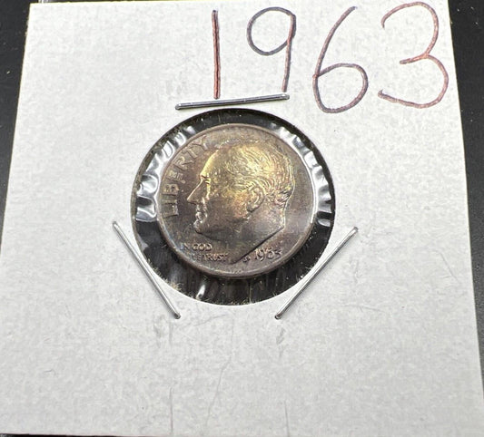 1963 P 10c Roosevelt Silver Dime Coin BU Nice Original Toning Toner SKU#GN3