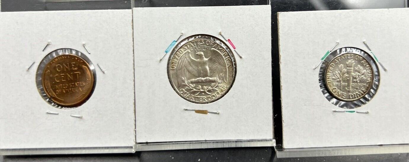 Toner Trio 3 Coin Set 1964 D 10c & 25c BU & 1958 1c UNC RB Neat Toning