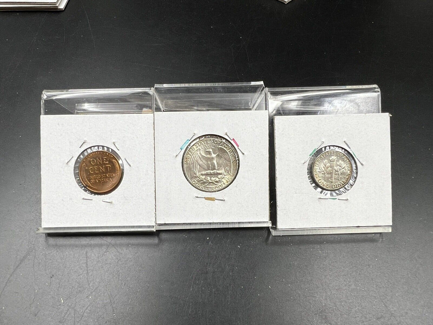 Toner Trio 3 Coin Set 1964 D 10c & 25c BU & 1958 1c UNC RB Neat Toning