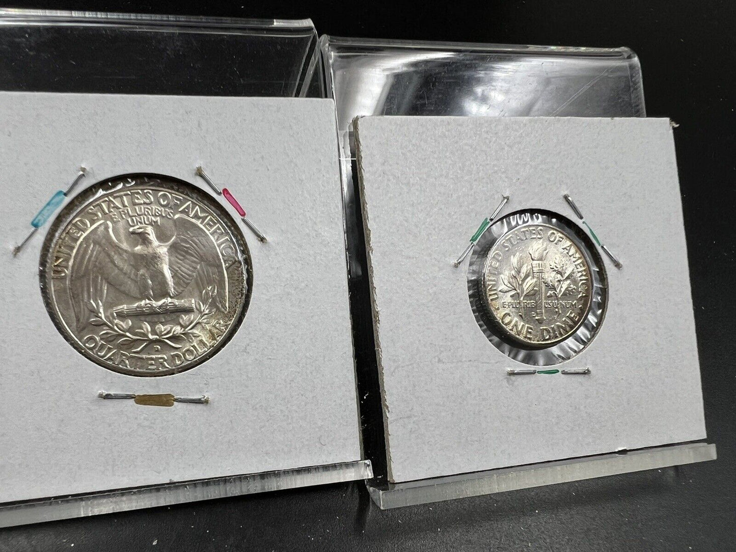 Toner Trio 3 Coin Set 1964 D 10c & 25c BU & 1958 1c UNC RB Neat Toning