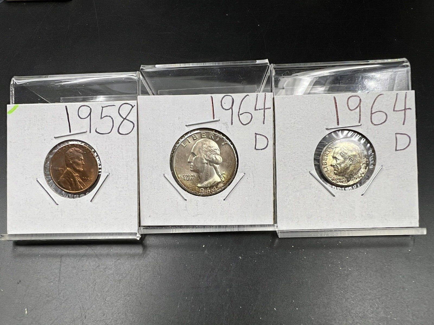 Toner Trio 3 Coin Set 1964 D 10c & 25c BU & 1958 1c UNC RB Neat Toning