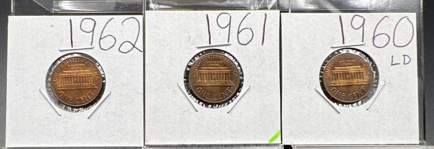 Toner Trio 1961 1962 & 1963 1c BU UNC Lincoln Cent 3 Coin Set Toners RB Red Brow