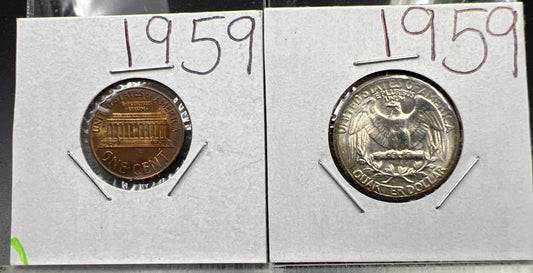 Two Coin Set 1959 1c BU UNC RB / Brown & 1959 25c Uncirculated
