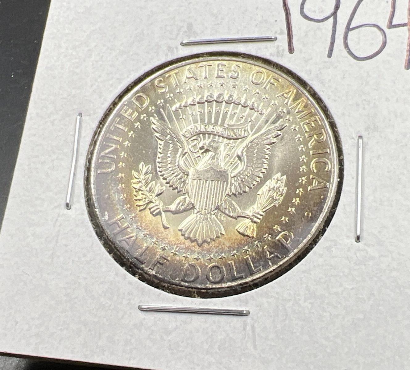 1964 P 50c Kennedy Half Dollar CH BU UNC PQ Rainbow Toning Reverse SKU#YWGN