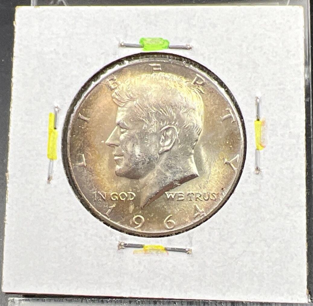 1964 P 50c Kennedy Half Dollar CH BU UNC PQ Rainbow Toning Reverse SKU#YWGN