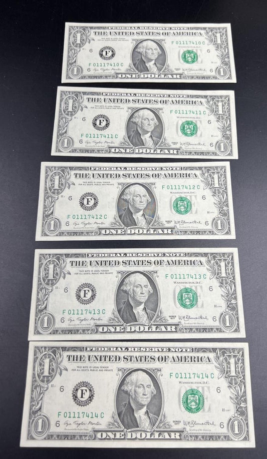 Lot of 5 Consecutive 1977 $1 FRN Federal Reserve Notes CH UNC #414