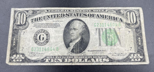 1934 A $10 FRN Federal Reserve Note VG Circ Reverse Slightly Off Center