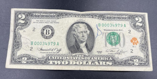 Original Clemson Stamped 1976 $2 FRN Two Dollar Bill Note VG / F Circ
