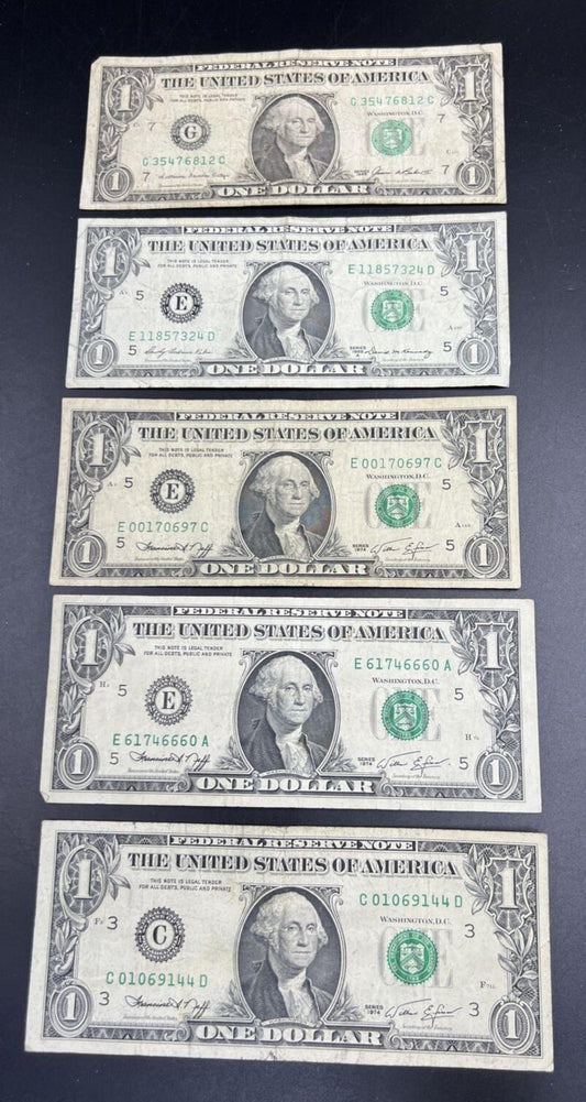 Lot of 5 FRN Federal Reserve Notes Years 1974 1969 1983 Circulated $1 Bills