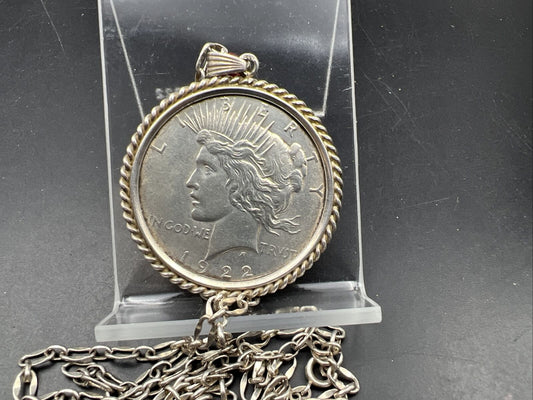 1922 $1 Peace Silver Dollar Coin in Sterling Silver Necklace Pendant