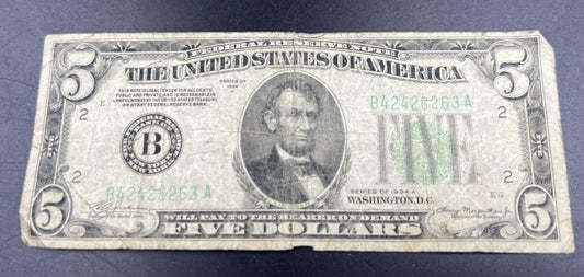 1934 A $5 FIVE Dollar FRN Federal Reserve Note Very Circulated
