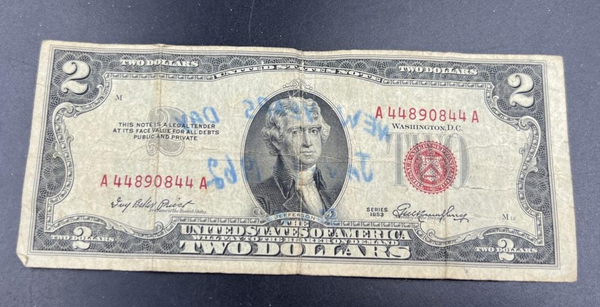 1953 $2 Two Dollar Red Seal Legal Tender New Years Note w/ Repeat Serial # Circ