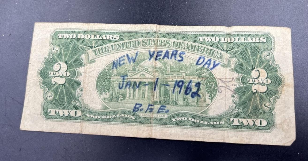 1953 $2 Two Dollar Red Seal Legal Tender New Years Note w/ Repeat Serial # Circ