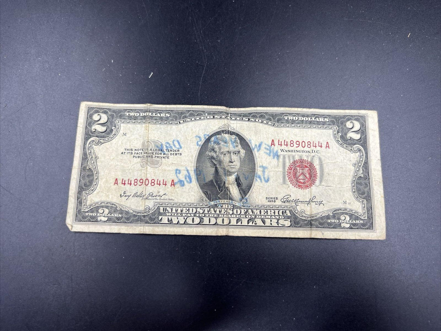 1953 $2 Two Dollar Red Seal Legal Tender New Years Note w/ Repeat Serial # Circ
