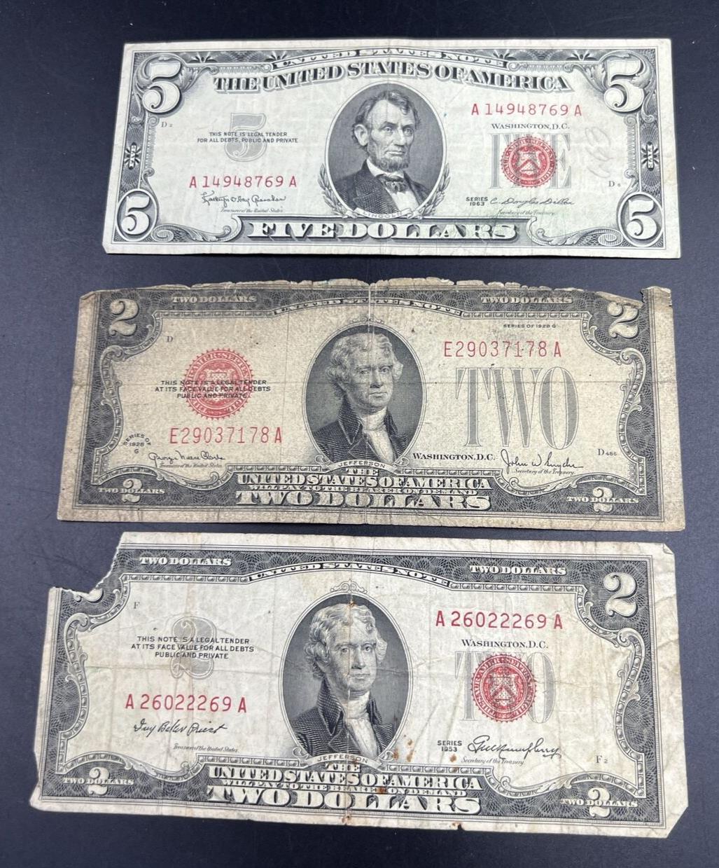 Estate Currency Lot 1928 $2 Cull 1953 $2 & 1963 $5 VG/F Red Seal Bills Notes