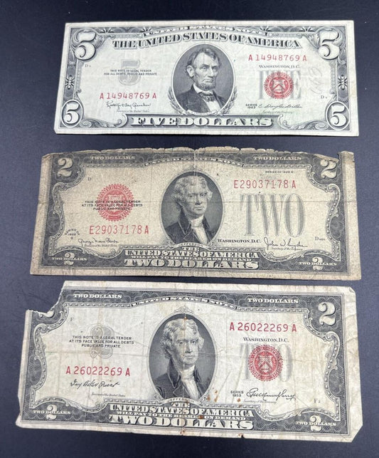Estate Currency Lot 1928 $2 Cull 1953 $2 & 1963 $5 VG/F Red Seal Bills Notes