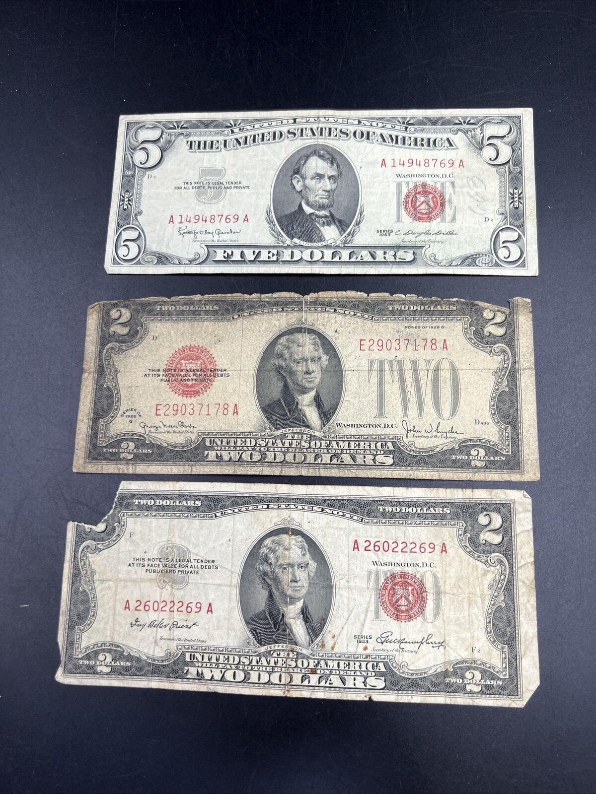 Estate Currency Lot 1928 $2 Cull 1953 $2 & 1963 $5 VG/F Red Seal Bills Notes