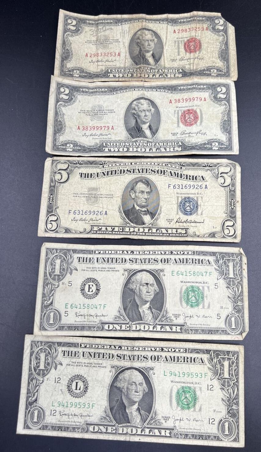 Estate Currency Lot 1953 $2 Red Seal 1953 $5 Blue Seal & 1963 $1 Barr Notes Circ