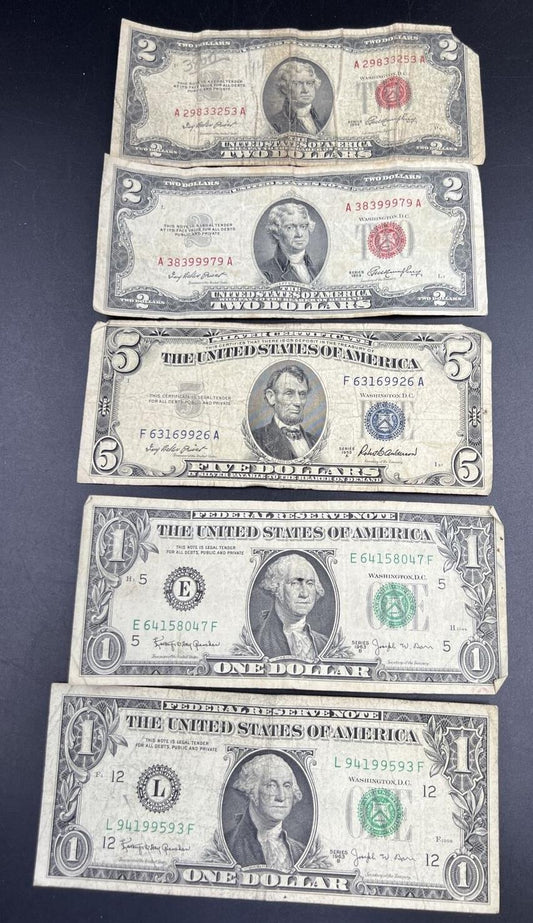 Estate Currency Lot 1953 $2 Red Seal 1953 $5 Blue Seal & 1963 $1 Barr Notes Circ
